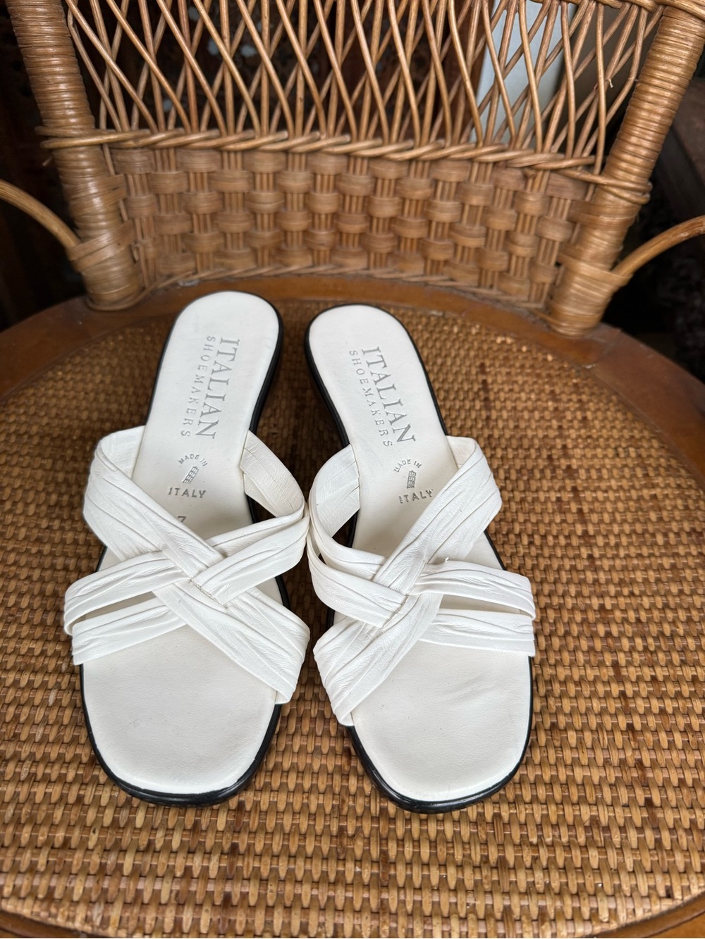 Italian Shoemakers White Braided Leather Slide Mules